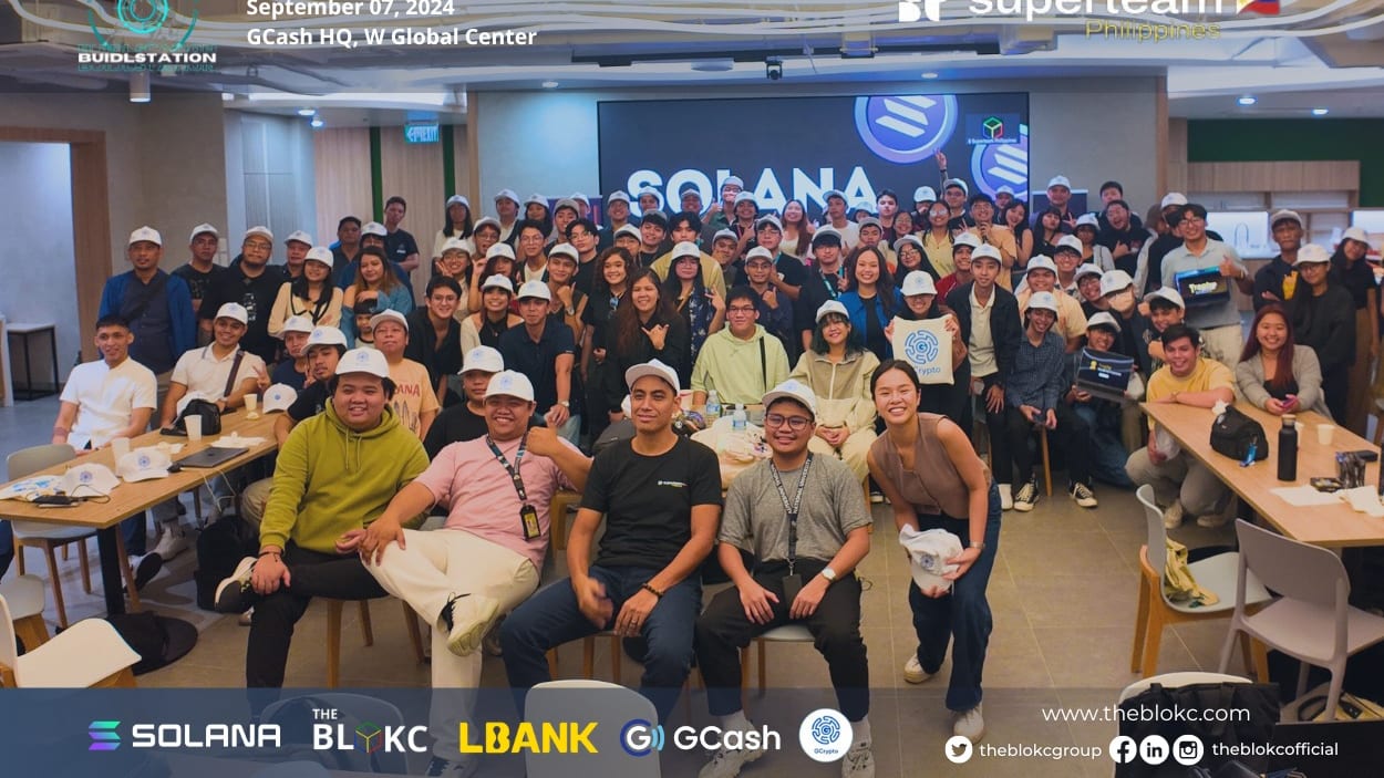 Group photo from a BUIDLstation session with The BLOKC, Solana, GCash, and LBank at GCash headquarters.