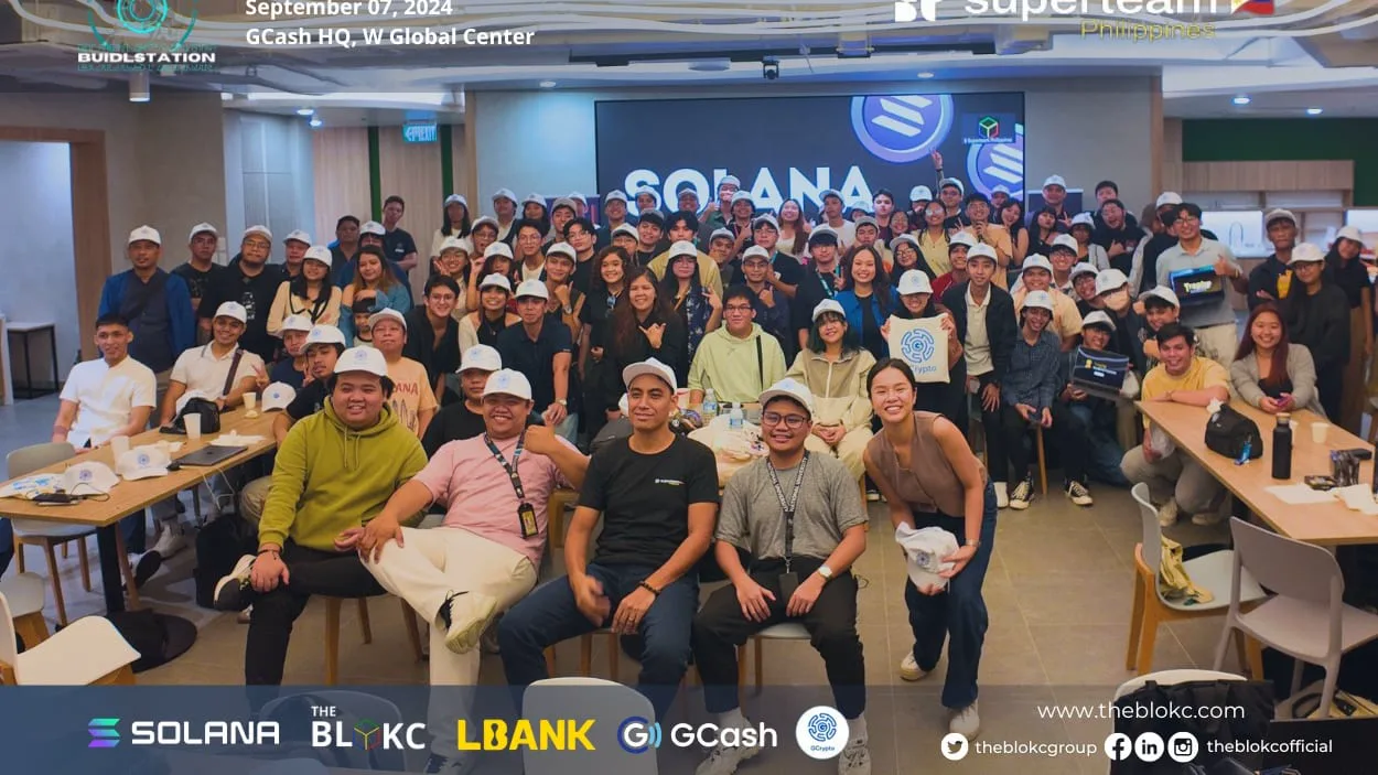 Group photo from a BUIDLstation session with The BLOKC, Solana, GCash, and LBank at GCash headquarters.