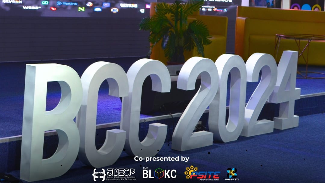 Giant foam BCC 2024 letters on stage at the Blockchain Campus Conference, co-presented by JBECP, The BLOKC, PSITE, and DOST-ASTI.