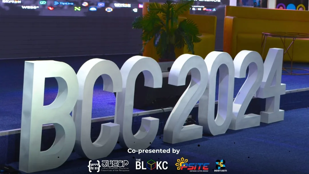 Giant foam BCC 2024 letters on stage at the Blockchain Campus Conference, co-presented by JBECP, The BLOKC, PSITE, and DOST-ASTI.
