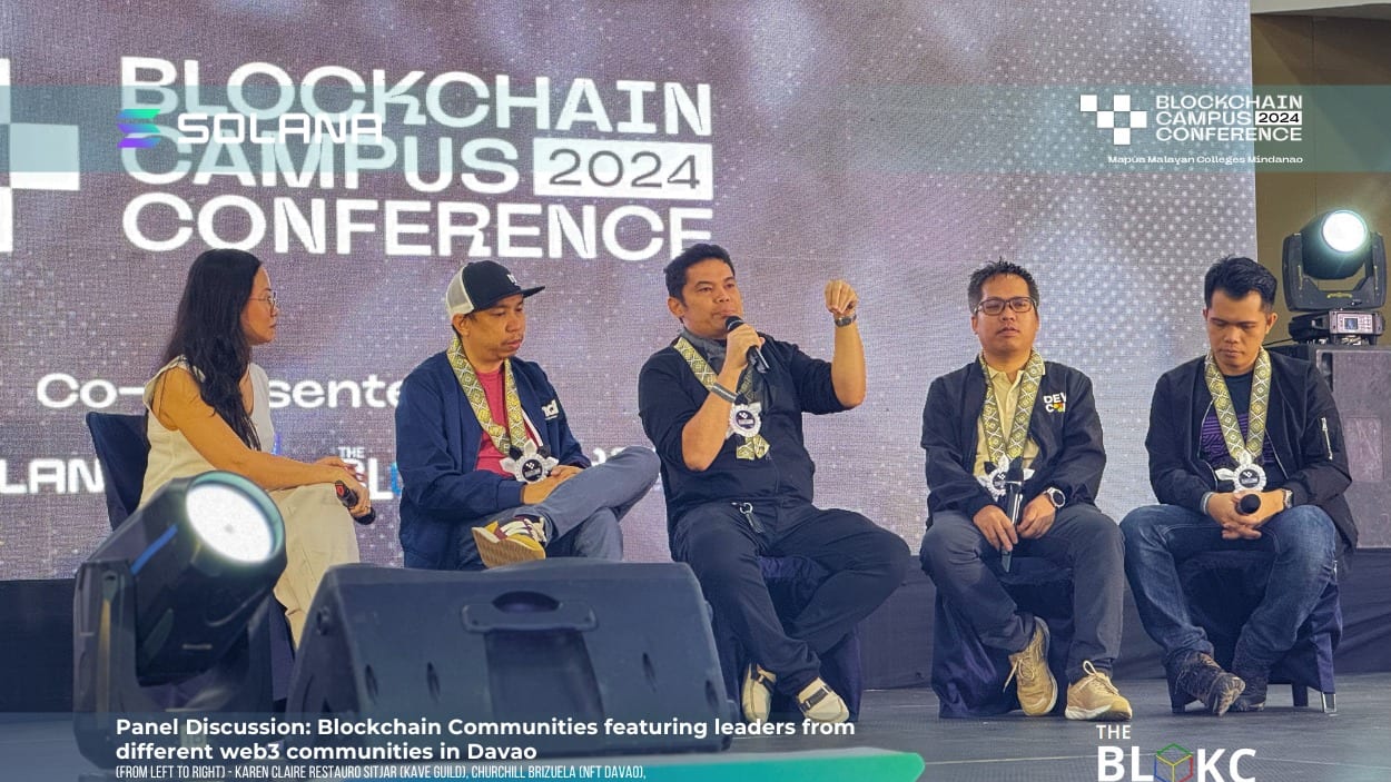 A panel of Davao web3 community leaders discusses blockchain communities on stage at Blockchain Campus Conference 2024.