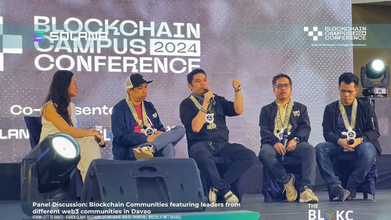 A panel of Davao web3 community leaders discusses blockchain communities on stage at Blockchain Campus Conference 2024.