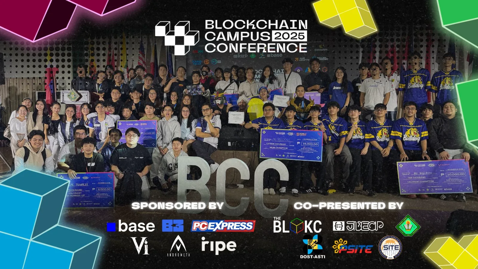 Students, organizers, and prize winners hold oversized cheques for a group photo at Blockchain Campus Conference 2025.