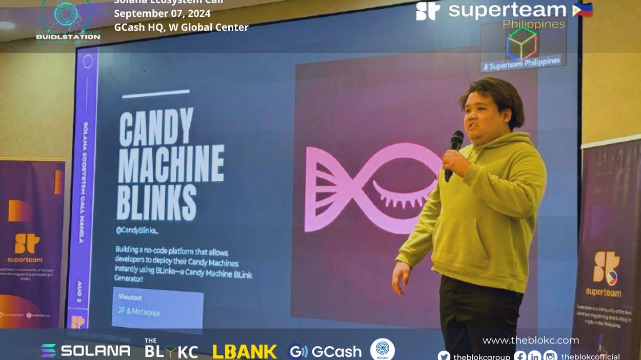 A speaker presenting the Candy Machine Blinks project at the Solana Ecosystem Call held at GCash HQ, with Solana, The BLOKC, LBANK, and GCash sponsor branding.
