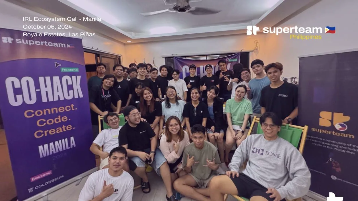 The CO-HACK Manila cohort gathers for a group photo at a Superteam Philippines ecosystem event.